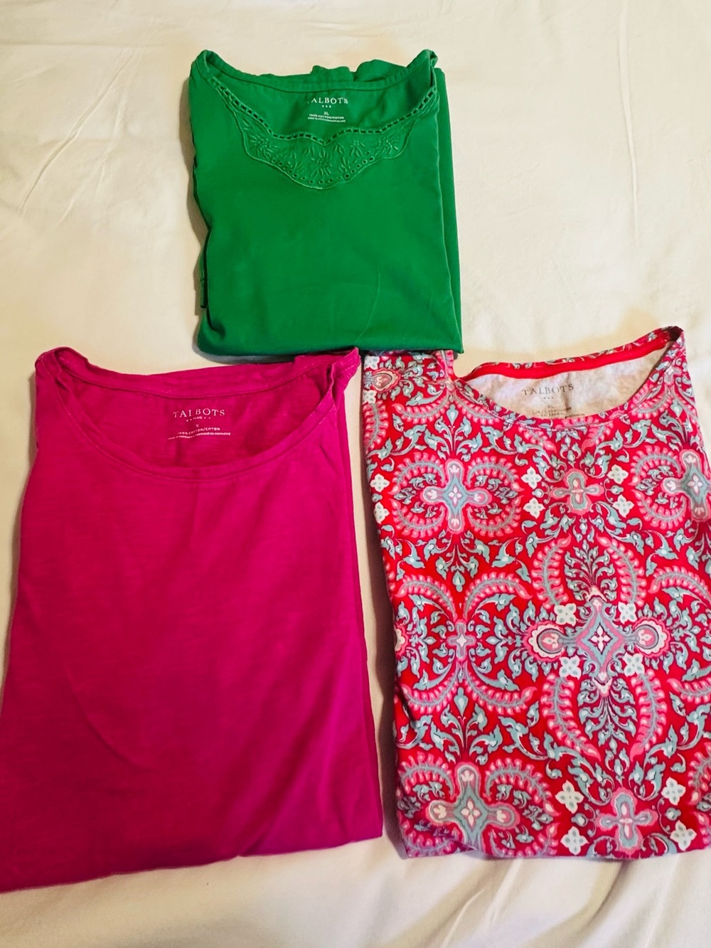 Talbots Green Tee, Hot Pink Top & Red Patterned Shirt Trio in Xl and X size